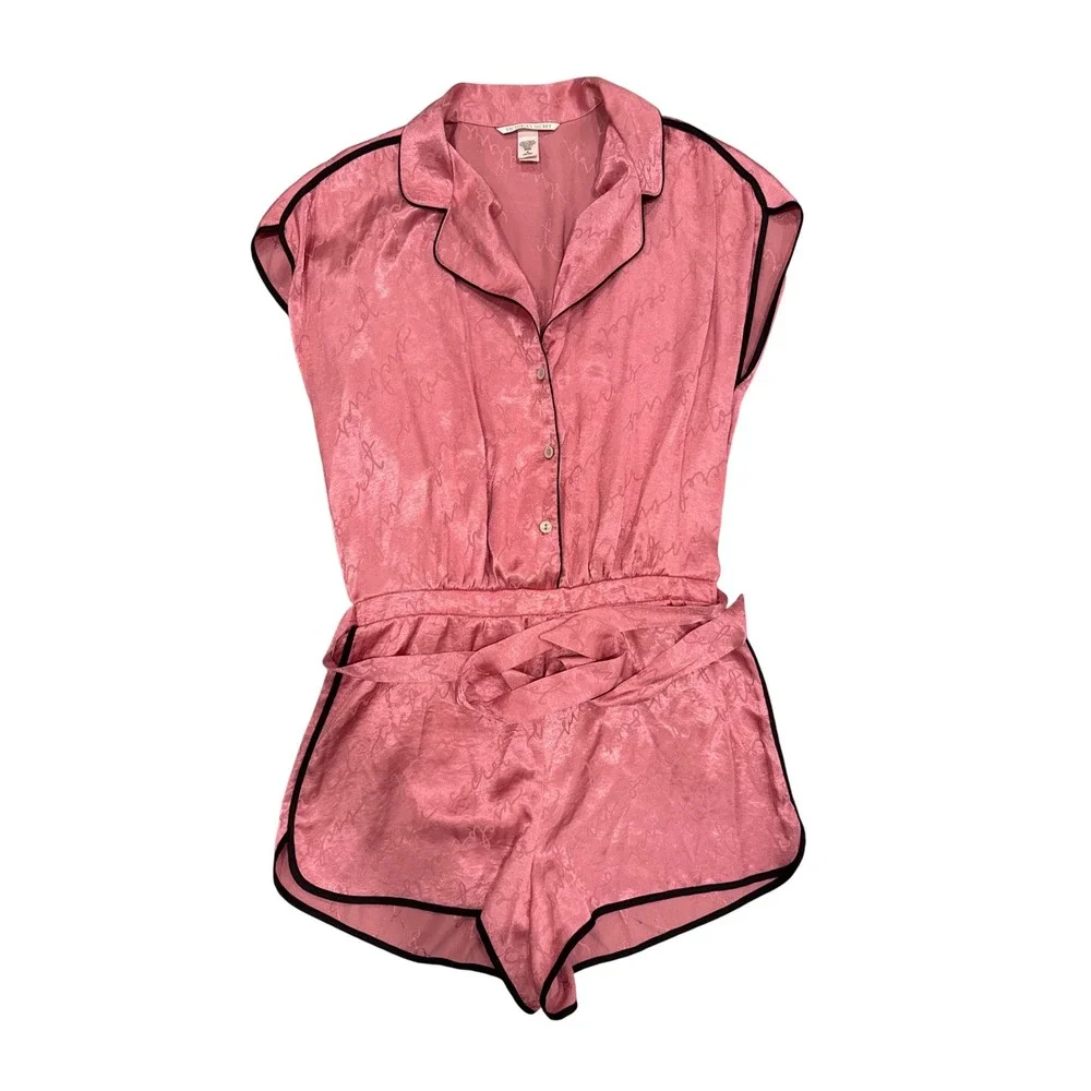 Victorias Secret Pink Satin Short Pajama Romper Sleepwear Embossed Script Logo M